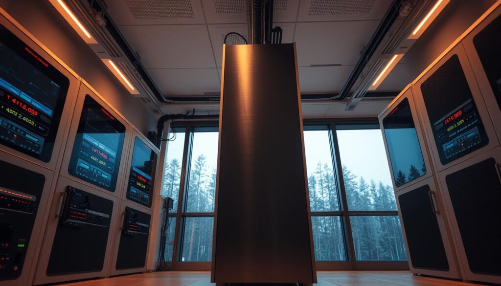 A serene, low-angle view of a secure data storage facility. In the foreground, a sleek, brushed-metal server rack stands tall, its blinking indicator lights casting a soft glow. Surrounding it, the interior walls are lined with state-of-the-art monitoring systems and redundant power supplies, their displays showing steady, reassuring metrics. The lighting is warm and even, creating a sense of reliability and protection. In the background, a panoramic window offers a glimpse of the serene, wooded landscape outside, reinforcing the idea of a secure, isolated location. The overall atmosphere conveys a feeling of unwavering data security and safekeeping.