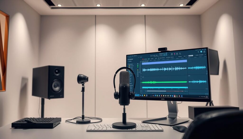 A sleek, modern AI-powered podcast editing suite. In the foreground, a powerful desktop computer displays a sophisticated audio editing interface, with intuitive controls and advanced AI-driven features. The middle ground features a high-quality microphone and headphones, evoking the professional quality of the audio production. The background showcases a minimalist, well-lit studio space, with clean lines and a serene atmosphere, conveying the efficiency and precision of the AI-powered workflow. Soft, directional lighting illuminates the scene, highlighting the high-tech equipment and creating a sense of innovation and progress. The overall impression is one of a cutting-edge, AI-driven podcast editing experience that streamlines the creative process for podcasters.