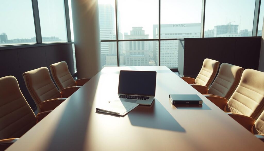 A sleek, modern conference room with a large table and plush chairs. Sunlight streams in through floor-to-ceiling windows, casting a warm glow over the space. On the table, a laptop, some papers, and a pen sit ready for a professional pitch presentation. The room has a sense of anticipation, as if two business partners are about to collaborate on an exciting new venture. The atmosphere is one of opportunity, with a subtle air of sophistication and confidence.