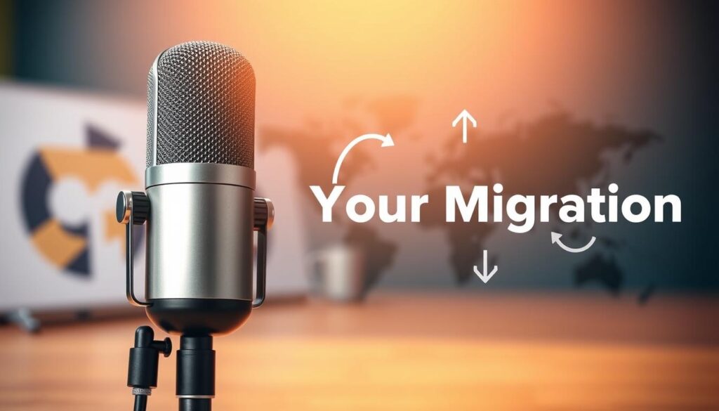 A vibrant, yet professional announcement for a podcast migration, captured in a dynamic and visually compelling image. In the foreground, a modern microphone stands prominently, symbolizing the podcast's transition. The middle ground features a stylized world map, with lines and arrows indicating the migration of the podcast to a new hosting platform. The background is softly blurred, lending a sense of focus and emphasis to the central elements. The lighting is warm and inviting, creating a welcoming atmosphere. The overall composition conveys a sense of progress, change, and the continued growth of the podcast.