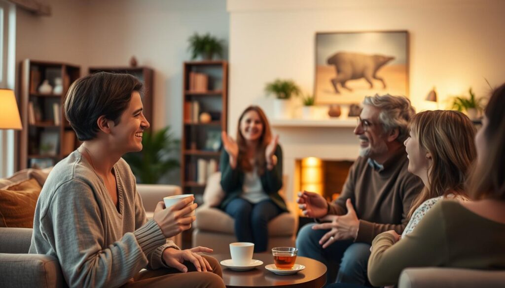 A warm, inviting living room scene with a group of people engaged in lively conversation. The room is bathed in soft, diffused lighting, creating a cozy, comfortable atmosphere. In the foreground, two guests - one shy and reserved, the other more extroverted - are sharing a cup of tea, their body language open and relaxed as they make eye contact and converse animatedly. In the middle ground, a couple more guests are laughing and gesticulating, their inhibitions melting away. The background features a bookshelf, a fireplace, and potted plants, conveying a sense of domestic tranquility. The overall mood is one of genuine connection and rapport, showcasing effective techniques for breaking the ice with shy or less experienced guests.