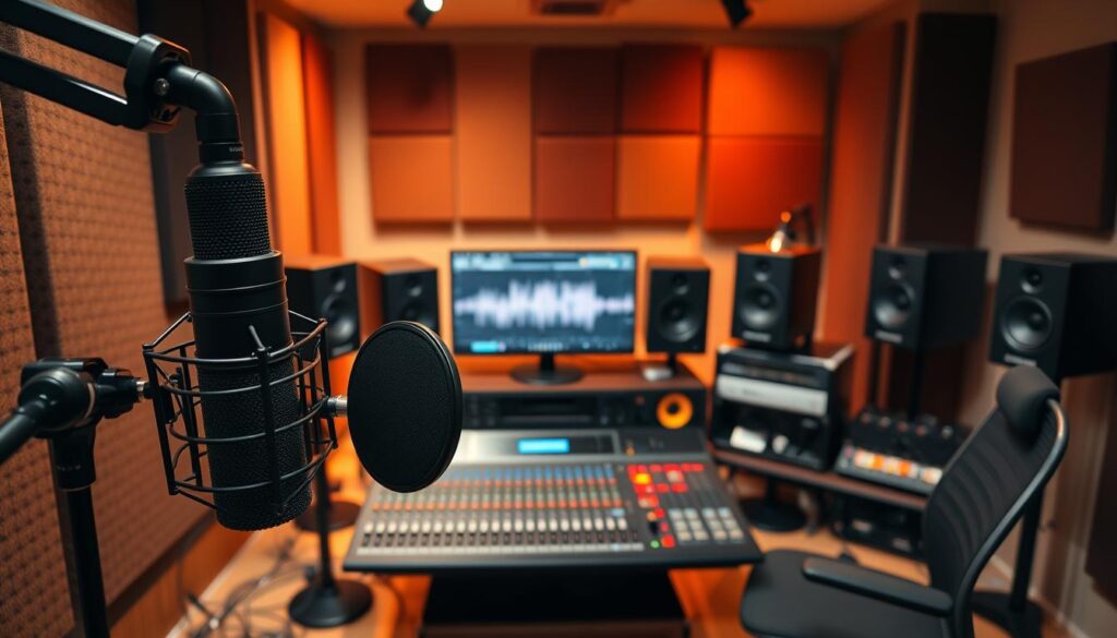 A well-equipped podcast recording studio with a large microphone in the foreground, surrounded by sound-absorbing panels for optimal acoustics. In the middle ground, a modern mixing console with various knobs and sliders, and a sleek computer monitor displaying waveforms. The background features high-end studio monitors and other professional audio equipment, bathed in warm, diffused lighting that creates a cozy, focused atmosphere perfect for podcast production.