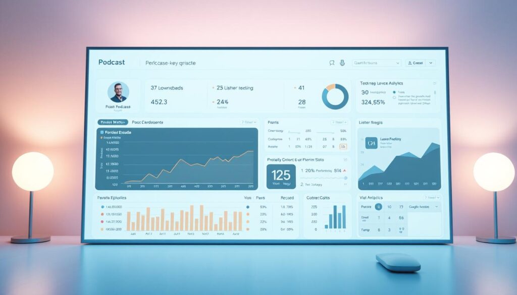 A well-lit digital dashboard displays key performance metrics for a podcast episode, presented against a clean, minimalist background. The dashboard features sleek graphs, charts, and statistics tracking downloads, listener engagement, and other vital analytics. The layout is organized and visually appealing, with a muted color palette that conveys a sense of professionalism. A subtle, cool-toned lighting scheme illuminates the scene, highlighting the clarity and precision of the data visualization. The overall atmosphere is one of data-driven insights and strategic decision-making, perfectly suited to illustrate the "Tracking Podcast Episode Performance with Google Analytics" section of the article.