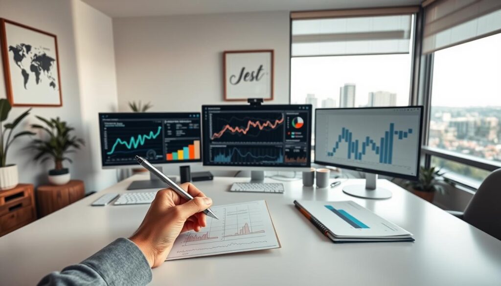 A well-lit home office with a large desk and modern computer setup. In the foreground, a person's hands holding a pen and notepad, tracking growth metrics and key performance indicators. On the desk, various charts, graphs, and analytics dashboards displayed on multiple monitors. The background features a large window overlooking a vibrant cityscape, with soft, natural lighting filtering in. A minimalist, inspirational wall art piece hangs on the wall, complementing the professional yet cozy atmosphere. The overall mood is one of focused productivity and data-driven decision making.