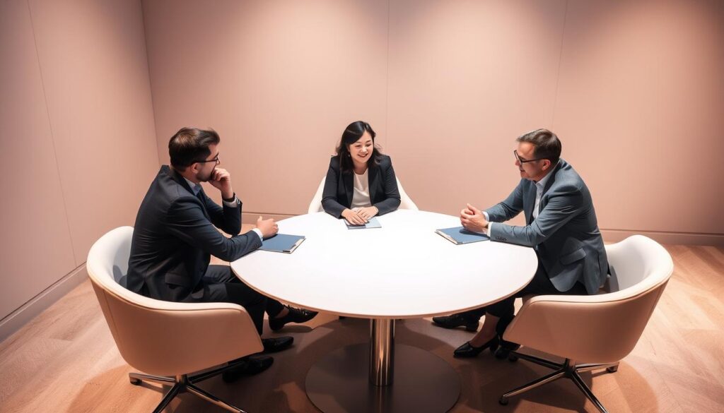 A well-lit panel discussion with three guests seated around a modern, circular table. The guests engage in animated conversation, their faces and gestures conveying thoughtful discussion. The scene is captured from a slightly overhead angle, using a wide-angle lens to showcase the group dynamic. Soft, diffused lighting creates a warm, professional atmosphere, with a neutral background that allows the panel to be the focus. The overall impression is one of a productive, insightful interview, setting the stage for a meaningful exploration of the subject matter.