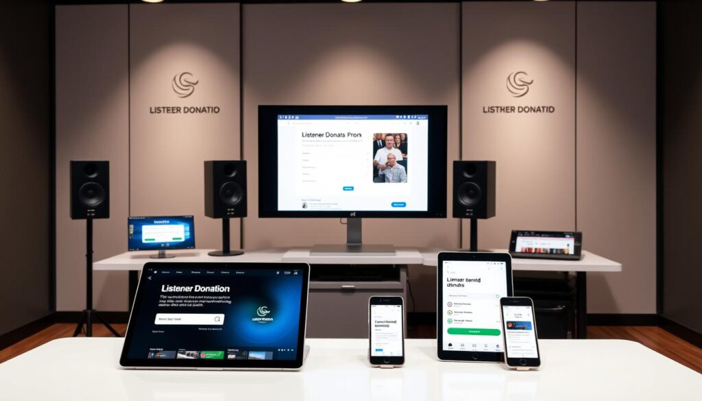A well-lit, professional studio setting featuring multiple listener donation platforms prominently displayed on modern monitors and devices. In the foreground, a sleek, minimalist desk with a laptop, tablet, and smartphone showcasing various donation options and user interfaces. In the middle ground, a high-resolution display showing a clean, user-friendly donation page with easy-to-navigate features. The background features a neutral, yet sophisticated color palette with subtle branding elements, creating a cohesive and visually appealing workspace. The overall composition conveys a sense of simplicity, accessibility, and a commitment to supporting listener-funded content.