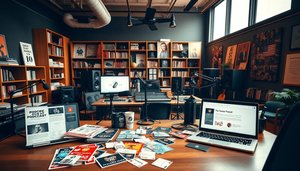 An expansive podcast studio workspace, illuminated by warm overhead lighting and large windows. In the foreground, a desk showcases various promotional materials - flyers, stickers, business cards, and a laptop displaying social media platforms. The middle ground features a mixing console, microphones, and recording equipment, hinting at the podcast production process. The background depicts bookshelves filled with reference materials and inspirational artwork, creating a creative and professional atmosphere. The overall mood evokes a sense of focused productivity and strategic planning for effective podcast promotion.