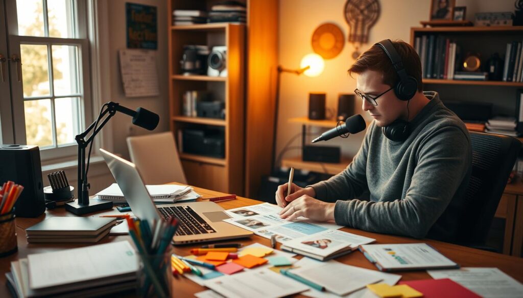 An intimate home office scene with a person sitting at a desk, customizing press kits for podcast guests. The desk is covered in various stationery supplies, including colorful pens, sticky notes, and a laptop. The person is intently focused, carefully arranging elements like logos, headshots, and informative materials. Warm, natural lighting filters in through a nearby window, casting a soft glow on the workspace. The background features a bookshelf filled with recording equipment, microphones, and other podcasting paraphernalia, hinting at the professional nature of the task. An overall sense of organization and attention to detail pervades the image, reflecting the care taken to create personalized press kits for each guest.