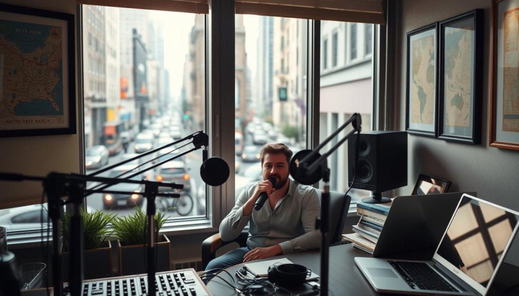 A bustling city street, the backdrop for a cozy podcast studio. Soft, natural lighting filters through large windows, illuminating the space. In the foreground, a well-equipped recording setup with high-quality microphones, a soundboard, and a laptop. On the walls, framed maps and local artwork add a touch of personality. In the middle ground, a host sits comfortably, microphone in hand, their gaze focused and engaging. The atmosphere is one of warmth, community, and a deep connection to the local surroundings. The angle is slightly elevated, capturing the scene from an observer's perspective, inviting the viewer to feel immersed in the creation of location-specific podcast content.
