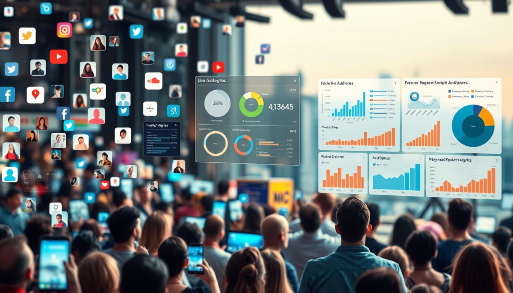 A bustling social media landscape, with vibrant data visualizations and analytics dashboards illuminating the insights of a diverse, engaged audience. In the foreground, a collage of social media platform icons, profile avatars, and live feed updates. In the middle ground, detailed charts, graphs, and infographics showcasing audience demographics, engagement metrics, and content performance. The background is a soft, blurred cityscape, hinting at the global reach and interconnectedness of the digital world. The lighting is crisp and clean, with a slight ambient glow, creating a sense of clarity and professionalism. The overall mood is one of informed, data-driven decision making, empowering the viewer to better understand and connect with their future listeners.
