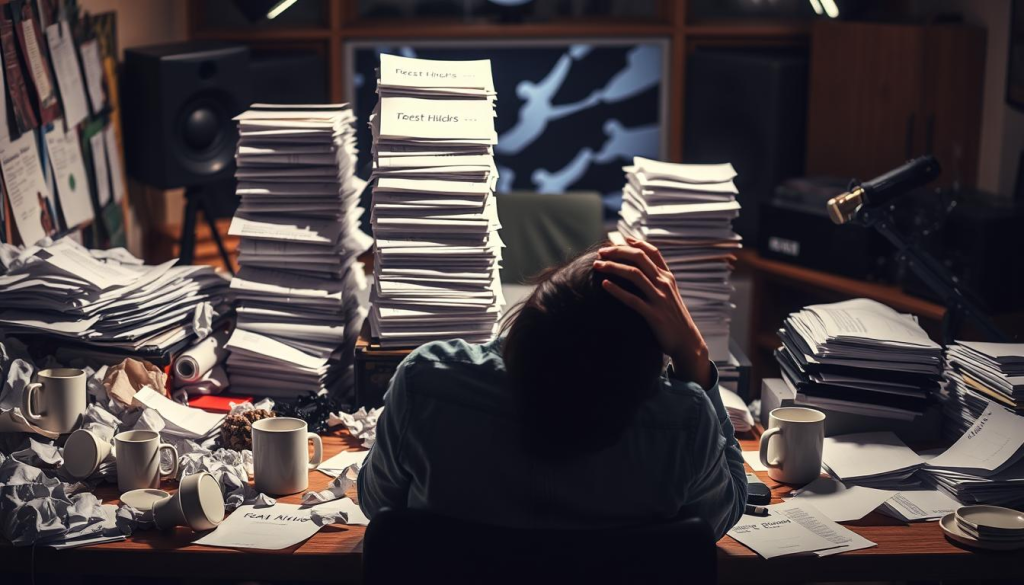 A cluttered desk, strewn with crumpled papers and half-empty coffee mugs, symbolizes the chaos of ineffective podcast pitches. In the foreground, a person sits, head in hands, frustrated by the lack of response from podcast hosts. The middle ground depicts a towering stack of generic, one-size-fits-all pitch emails, representing the sea of mediocrity that hosts must sift through. In the background, a blurred image of a podcast studio, a symbol of the coveted opportunity that eludes those who fail to craft compelling, personalized pitches. Dramatic lighting casts long shadows, heightening the sense of dejection and missed opportunities. The overall scene conveys the common pitching mistakes that turn podcast hosts away - a cautionary tale of the importance of thoughtful, targeted outreach.