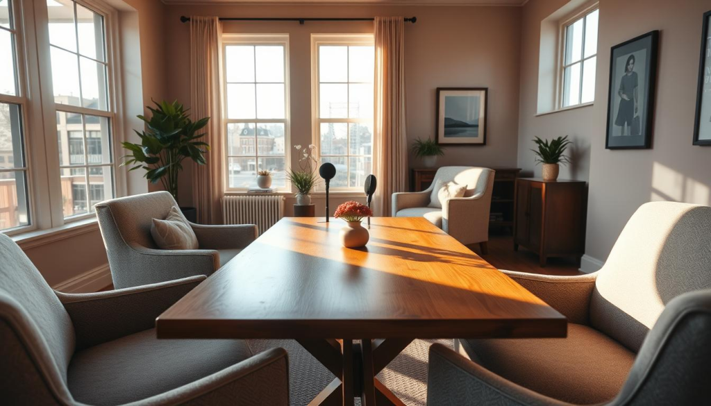 A comfortable interview environment, bathed in warm, natural lighting from large windows. A wooden table with a simple, elegant design takes center stage, surrounded by plush, inviting chairs. The walls are adorned with soothing, muted tones, creating a calming atmosphere. Subtle plants and artwork add a touch of life and personality, while soft, ambient music plays gently in the background. The camera is positioned at an eye-level angle, capturing the scene with a wide, cinematic lens to emphasize the openness and intimacy of the space. This setting conveys a sense of professionalism, trust, and respect, ideal for conducting a thoughtful, engaging podcast interview.