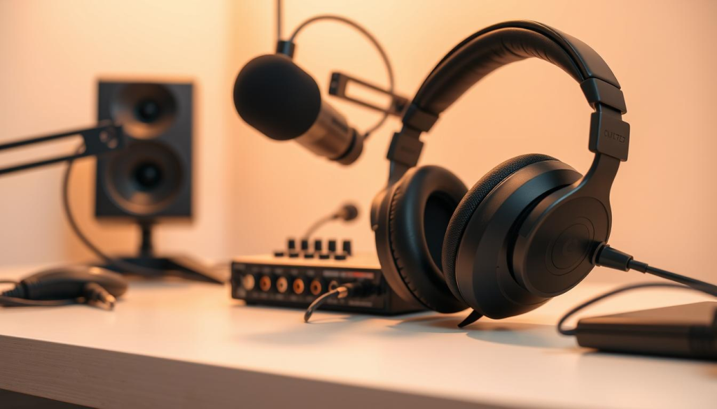 A compact, portable podcast studio setup with high-quality headphones for critical audio monitoring. In the foreground, a pair of over-ear, noise-cancelling headphones with plush memory foam ear cups and a flexible microphone boom. The headphones have a sleek, modern design in a matte black finish. In the middle ground, a portable audio mixer or digital recorder with multiple input channels, knobs, and displays. The device is compact and lightweight, designed for on-the-go recording. In the background, a minimalist, well-lit workspace with a clean, clutter-free surface, allowing the podcast equipment to take center stage. Warm, soft lighting creates a professional, yet intimate atmosphere, perfect for capturing high-quality audio for a podcast. A compact, portable podcast studio setup with high-quality headphones for critical audio monitoring. In the foreground, a pair of over-ear, noise-cancelling headphones with plush memory foam ear cups and a flexible microphone boom. The headphones have a sleek, modern design in a matte black finish. In the middle ground, a portable audio mixer or digital recorder with multiple input channels, knobs, and displays. The device is compact and lightweight, designed for on-the-go recording. In the background, a minimalist, well-lit workspace with a clean, clutter-free surface, allowing the podcast equipment to take center stage. Warm, soft lighting creates a professional, yet intimate atmosphere, perfect for capturing high-quality audio for a podcast.