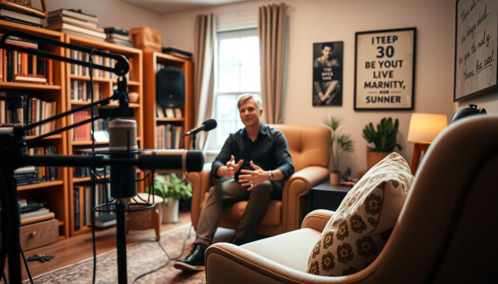 A cozy home studio with a microphone, audio equipment, and a cozy chair in the foreground. In the middle ground, a person sitting and speaking passionately, their hands gesturing as they tell an engaging story. The background features bookshelves, a window with natural light, and inspirational wall art. The lighting is warm and inviting, creating a sense of intimacy and focus. The overall atmosphere conveys the art of solo storytelling, drawing the viewer into the captivating narrative.