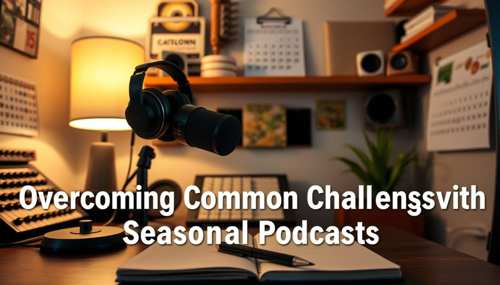A cozy home studio with a microphone, headphones, and a warm lamp casting a soft glow. In the background, a calendar on the wall displays the changing seasons. Wooden shelves hold various podcasting accessories, like a soundboard and sound-dampening panels. The foreground features a notebook and pen, hinting at the creative process of developing seasonal podcast content. The lighting is gentle, creating a contemplative atmosphere, as if the podcast host is pausing to plan their seasonal approach. A sense of thoughtfulness and inspiration permeates the scene, reflecting the "Overcoming Common Challenges with Seasonal Podcasts" theme.