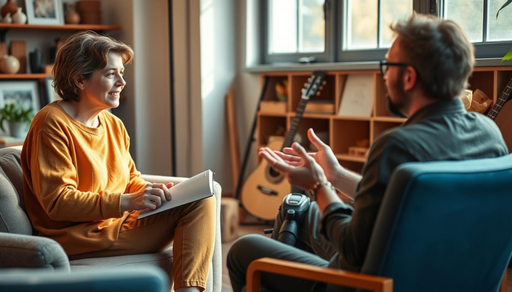 A cozy studio setting with a comfortable sofa and armchair, where an interviewer in a warm, casual outfit sits facing a creative guest, engaged in an animated discussion. Soft, natural lighting filters in from a large window, casting a gentle glow on the scene. The interviewer leans forward, notepad in hand, listening intently as the guest gestures expressively, a spark of inspiration in their eyes. The background is filled with subtle visual cues hinting at the guest's creative practice - perhaps a sketchpad, paintbrushes, or a guitar. An overall sense of intimacy and collaboration permeates the space, inviting the viewer to feel like a fly on the wall, witnessing a meaningful exchange between two individuals united by their passion for creativity.