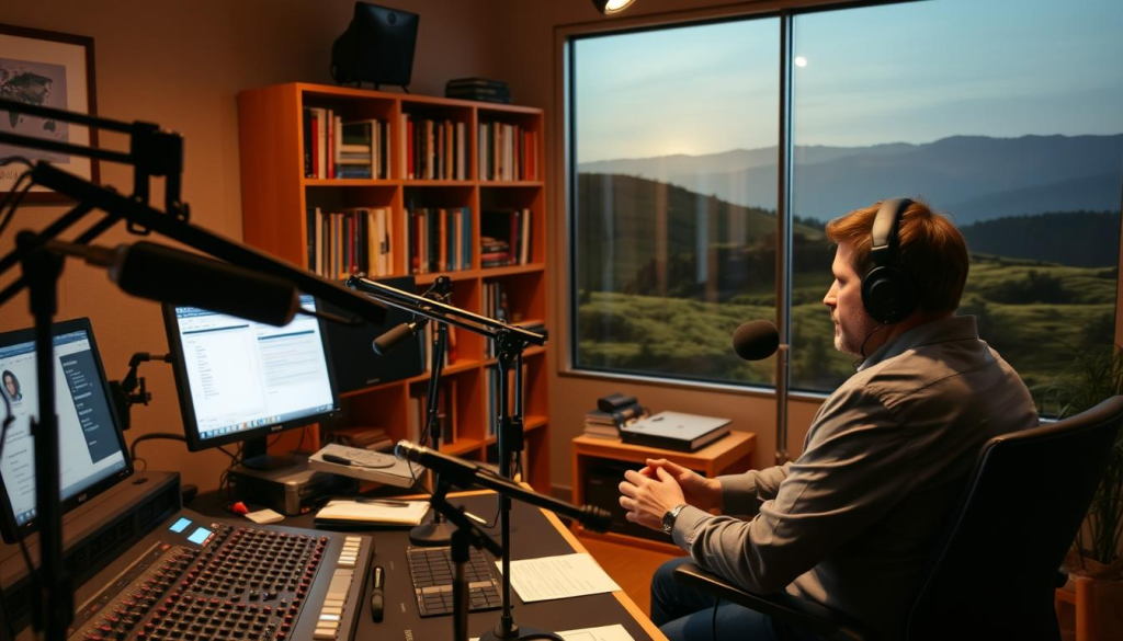 A cozy, well-lit studio with modern audio equipment, including microphones, headphones, and a mixing console. In the foreground, a presenter sits at a desk, engaged in a lively discussion, their face illuminated by soft, warm lighting. The middle ground features bookshelves and educational materials, hinting at the intellectual nature of the podcast. The background depicts a serene, natural landscape, suggesting a sense of calm and contemplation. The overall atmosphere is one of professionalism, knowledge, and thoughtful exploration.
