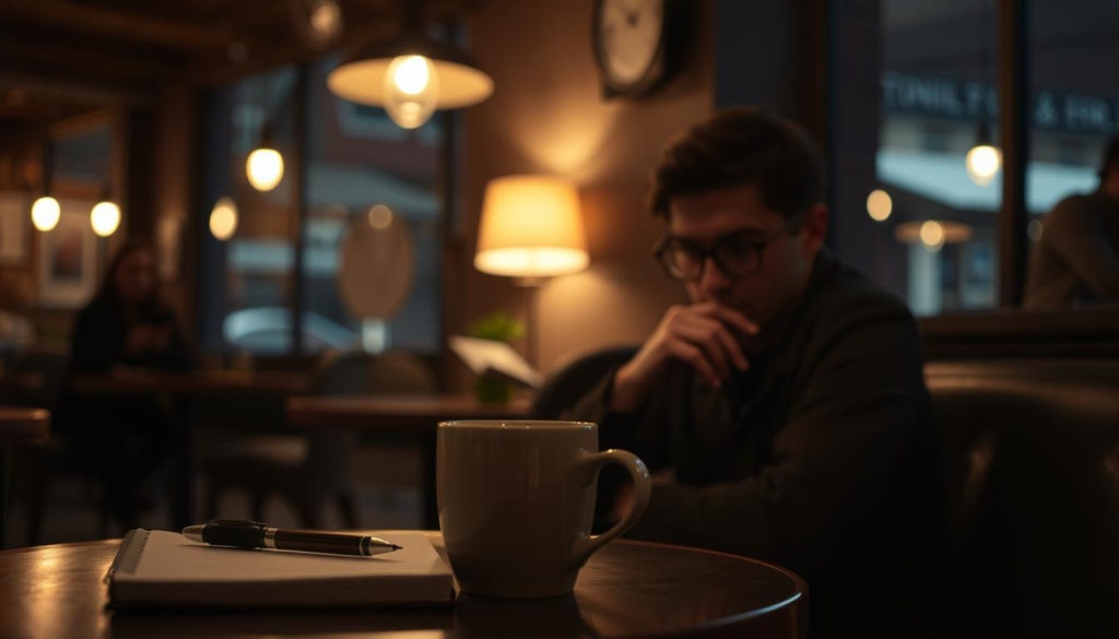 A dimly lit cafe interior, with a small table in the foreground hosting a notebook, pen, and a mug of hot tea. In the middle ground, an introverted guest sits pensively, their face illuminated by the soft glow of a reading lamp, deep in thought. The background is softly blurred, suggesting a sense of quiet contemplation. The lighting is warm and mellow, creating an atmosphere of introspection and comfort. The camera angle is slightly elevated, giving a thoughtful, observational perspective.