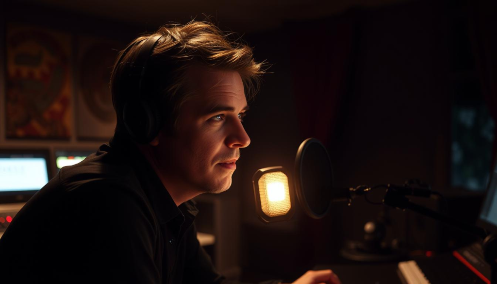 A dimly lit recording studio, the host leaning forward, a pensive expression on their face as they deliver the final lines of the episode. The microphone casts a soft glow, creating an air of anticipation. In the background, the soundboard's flickering lights and the hum of equipment suggest the unseen world of podcast production. The scene is framed with a sense of dramatic tension, inviting the listener to eagerly await the next installment and discover what cliffhanger awaits.