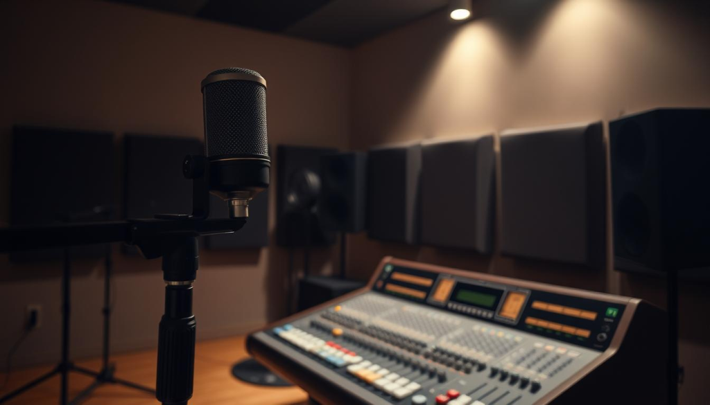 A dimly lit recording studio with a focus on the audio equipment used for capturing room tone. In the foreground, a high-quality microphone on a sturdy stand, its diaphragm poised to pick up the ambient sounds of the space. The middle ground features a mixing console, its various knobs and faders inviting the user to fine-tune the captured audio. In the background, acoustic panels line the walls, creating a neutral, controlled environment for the recording process. Soft, diffused lighting casts a warm, contemplative glow over the scene, emphasizing the importance of meticulous attention to detail in achieving the perfect room tone.