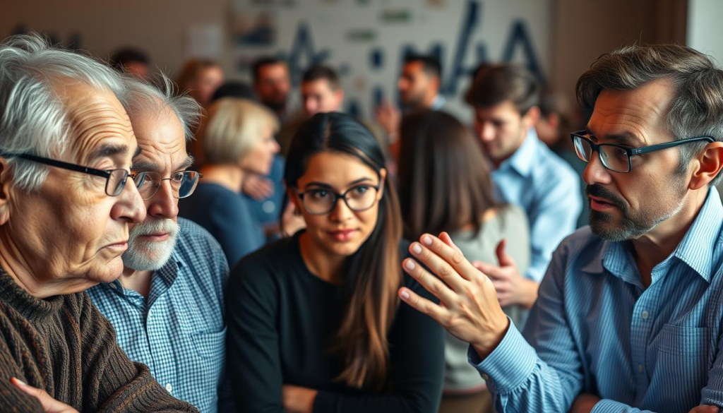 A group of diverse individuals, each with a distinct personality and challenging demeanor, engaged in a thoughtful discussion. Foreground features three individuals - a skeptical elder, a passionate youth, and a reserved professional - leaning in intently, their facial expressions conveying a sense of intensity and curiosity. Midground depicts a larger gathering of people, some gesticulating animatedly, others listening intently, creating an atmosphere of lively intellectual discourse. The background is softly blurred, suggesting a warm, intimate setting, perhaps a cozy conference room or a cafe, with subtle lighting accentuating the subjects' features and creating an air of contemplation.