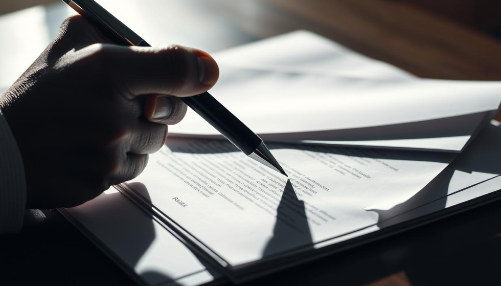 A high-contrast, close-up shot of a hand firmly grasping a pen, poised over a stack of legal documents. The documents are carefully arranged, their pages slightly dog-eared, conveying a sense of intellectual property and legal protection. The lighting is dramatic, casting sharp shadows and highlights across the scene, emphasizing the importance and gravity of the moment. The background is blurred, keeping the focus solely on the central action, underscoring the notion of intellectual property rights being carefully considered and managed.