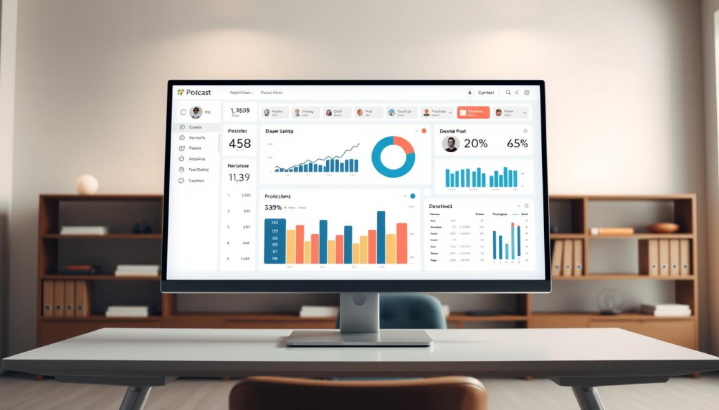 A high-quality data visualization dashboard depicting podcast download numbers. The dashboard is displayed on a modern, high-resolution computer monitor placed on a sleek, minimalist desk. The monitor has a clean, user-friendly interface showing various graphs, charts, and statistics related to podcast performance metrics. The background is a neutral, natural-toned office setting with subtle lighting, providing a professional and analytical atmosphere. The overall scene conveys a sense of data-driven decision-making and performance benchmarking for a successful podcast.