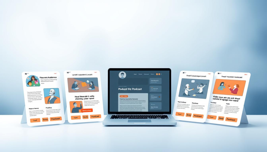 A high-quality digital illustration depicting a collection of email newsletters designed to connect with a podcast audience. The foreground features several email templates with engaging graphics, headlines, and call-to-action buttons, arranged neatly on a clean, minimalist workspace. The middle ground showcases a laptop or tablet device displaying a podcast player interface, hinting at the integration between email and podcast content. The background is a soft, blurred gradient in shades of blue and gray, creating a professional, modern atmosphere. The lighting is soft and diffused, with highlights on the email templates to make them the focal point. The overall composition conveys a sense of cohesion, efficiency, and audience engagement for podcast creators.