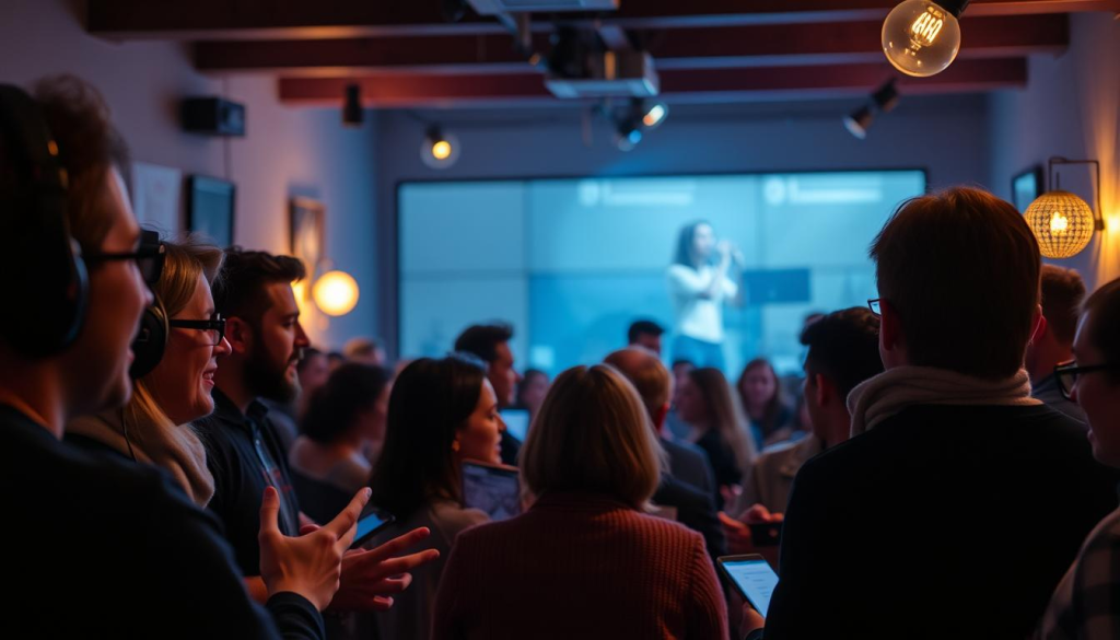 A lively, intimate gathering of podcast listeners and hosts in a cozy, dimly-lit live audio space. In the foreground, a group of people engaged in animated conversation, their faces illuminated by the soft glow of their devices. The middle ground features a speaker passionately sharing insights, surrounded by an attentive audience. In the background, a hazy, out-of-focus view of the virtual room, suggesting a sense of community and connection. The lighting is warm and inviting, creating a relaxed, immersive atmosphere that encourages participants to contribute and interact. An intimate, authentic setting that fosters meaningful dialogue and relationship-building between podcast creators and their dedicated listeners.