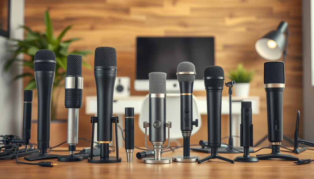 A meticulously crafted still life showcasing an array of USB microphones against a backdrop of a tasteful home office setup. The foreground features an assortment of popular USB mic models - condenser, dynamic, and even a podcaster's favorite, the ribbon mic - arranged in an aesthetically pleasing manner, their sleek designs and varied colors creating visual interest. The middle ground presents a workspace with a modern, minimalist desk, a computer monitor, and subtle lighting from a floor lamp, evoking a cozy and focused atmosphere ideal for audio recording. The background seamlessly blends a warm-toned wooden wall and a potted plant, adding depth and a touch of natural elegance to the scene. Captured with a shallow depth of field, the image draws the viewer's attention to the central focus - the diverse selection of USB microphones, ready to empower the aspiring podcaster's journey.