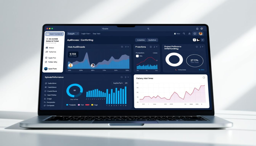 A modern, clean and well-organized Apple Podcasts Connect analytics dashboard displayed on a sleek silver laptop screen. The dashboard presents various data visualizations and metrics such as total downloads, audience demographics, episode performance, and subscription trends. The layout is intuitive with clear sections and interactive charts. Soft, directional lighting accentuates the dashboard's elegant design, creating a professional and insightful presentation of podcast performance data.