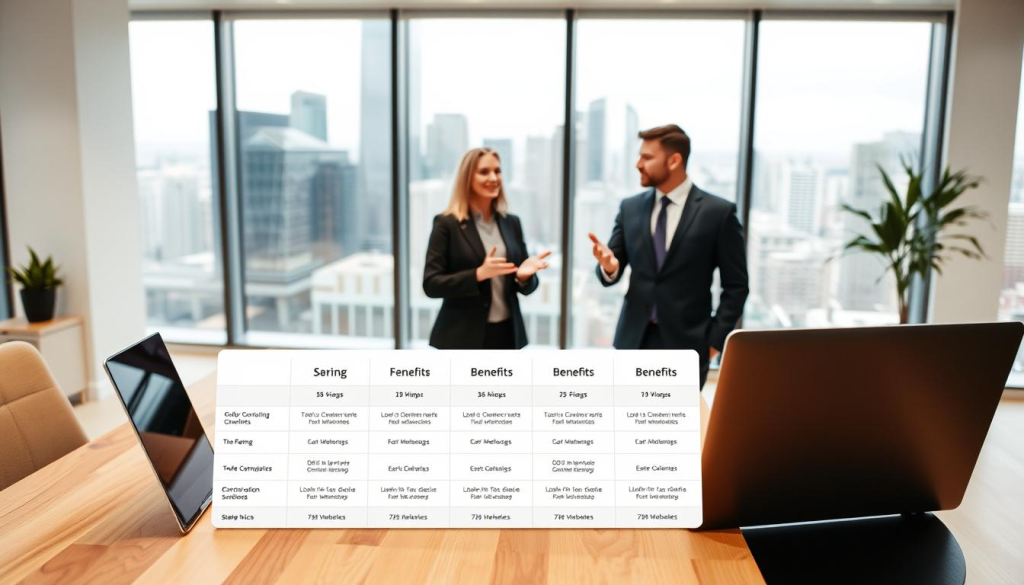 A modern, minimalist office setting with a clean, bright atmosphere. In the foreground, a wooden desk showcases a sleek laptop and a well-designed pricing table, outlining the different membership tiers and their corresponding benefits. The middle ground features two well-dressed professionals engaged in a collaborative discussion, gesturing towards the pricing information. In the background, large windows overlooking a bustling city skyline provide a sense of professionalism and success. The lighting is soft and diffused, creating a warm, inviting ambiance that encourages contemplation of the membership options.