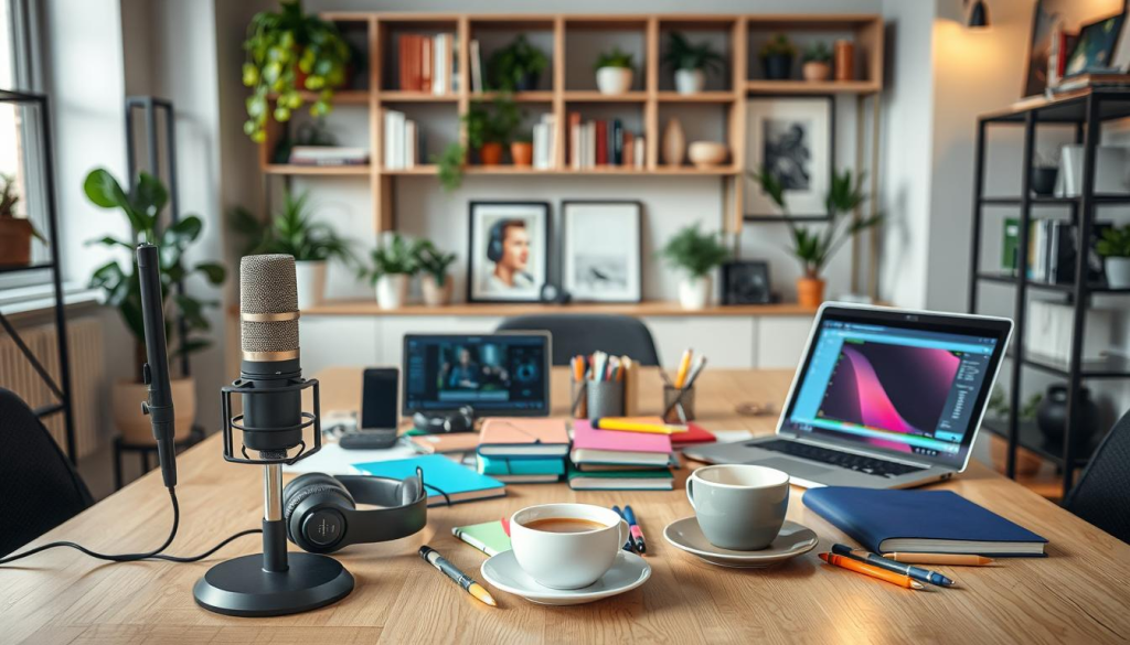 A modern office interior with a central table showcasing various podcasting equipment and accessories. In the foreground, a professional microphone, headphones, and a laptop with audio editing software open. In the middle ground, various colorful notebooks, pens, and a cup of coffee, symbolizing the creative process. The background features shelves with books, plants, and framed artwork, creating a cozy and inspirational atmosphere. The lighting is soft and warm, enhancing the professional yet inviting mood. The overall composition emphasizes the distinct elements that differentiate one podcast from another, highlighting the unique value proposition of the niche.