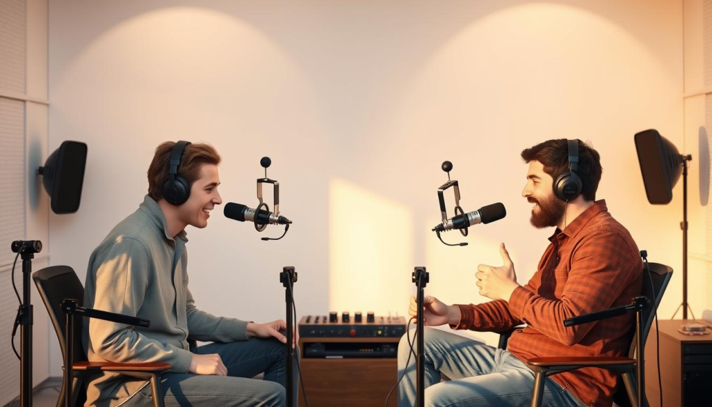A modern podcasting studio with two microphones, headphones, and audio equipment set against a minimalist backdrop. The scene is bathed in warm, directional lighting that casts subtle shadows, creating a focused and professional atmosphere. In the foreground, two podcasters sit opposite each other, engaged in animated discussion, their body language suggesting an A/B testing session as they compare different approaches. The background features a clean, white wall with a subtle grid pattern, hinting at the data-driven nature of the process. The overall mood is one of collaborative experimentation and creative problem-solving.