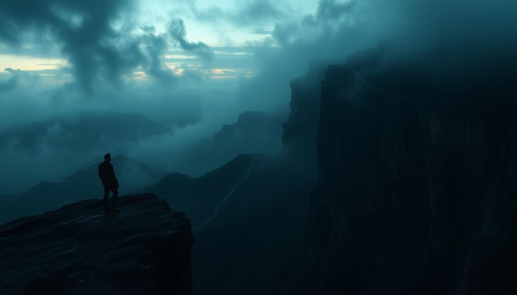 A mysterious cliffside, shrouded in twilight mist. In the foreground, a lone figure stands on the precipice, gazing into the abyss below. The dramatic lighting casts deep shadows, creating a sense of tension and uncertainty. The middle ground reveals a perilous path winding through the rugged terrain, hinting at the challenges that lie ahead. In the distant background, the horizon is obscured by ominous storm clouds, adding to the ominous atmosphere. The scene is captured with a wide-angle lens, emphasizing the depth and scale of the environment. This cinematic composition evokes a narrative of suspense, where the viewer is left to wonder about the character's fate and the events that led them to this precarious position.