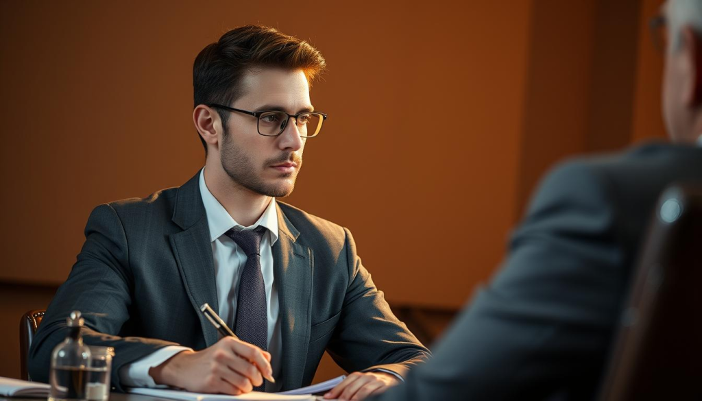 A professional businessman sitting at a desk, intently listening and taking notes during a job interview. The lighting is warm and focused, casting subtle shadows and highlights that accentuate the subject's features. The background is blurred, drawing the viewer's attention to the interviewee's engaged expression and body language, conveying a sense of mastery and confidence. The scene is captured from a slightly elevated angle, creating a sense of authority and importance. The overall mood is one of thoughtful concentration and anticipation, reflecting the strategic timing and impact of the follow-up questions.