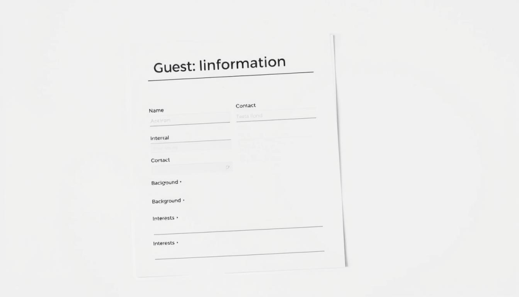 A professional, minimalist guest information form on a stark white background, with clean lines and a modern, elegant design. The form features clearly defined sections for gathering essential details such as name, contact information, background, and interests. The layout is balanced and visually appealing, making it easy for podcast guests to provide the necessary information. Soft, natural lighting illuminates the form, creating a welcoming and professional atmosphere. The overall impression is one of efficiency, organization, and attention to detail, reflecting the streamlined onboarding process described in the article.