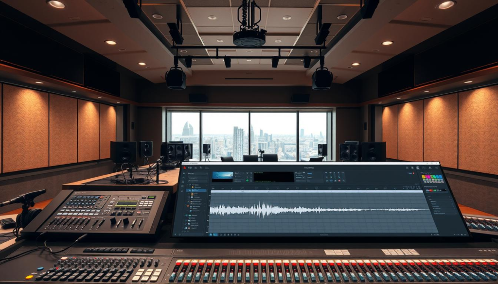 A professional recording studio with a large, well-lit mixing console. In the foreground, the Adobe Audition software interface is displayed, showcasing various audio editing tools and a waveform visualization. The middle ground features several microphones, headphones, and cables, conveying a sense of audio production. The background depicts a panoramic view of the studio, with high ceilings, acoustic panels, and a large window overlooking a cityscape. The overall atmosphere is one of focused productivity, with a clean and modern aesthetic that reflects the precision and efficiency of batch processing audio files in Adobe Audition.