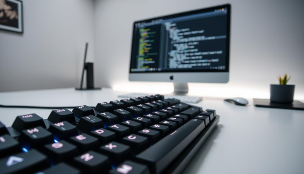 A sleek, modern office setting with a clean, minimalist aesthetic. The foreground features a mechanical keyboard with customized keycaps, each representing a different macro command. The keys are illuminated with a soft, ambient glow, creating a sense of focus and productivity. The middle ground showcases a computer monitor displaying a coding or graphic design interface, hinting at the versatility of the macros. The background is a blend of muted grays and whites, emphasizing the keyboard as the central element. The overall scene conveys a sense of efficiency, organization, and the power of streamlining one's workflow through the strategic use of keyboard macros.