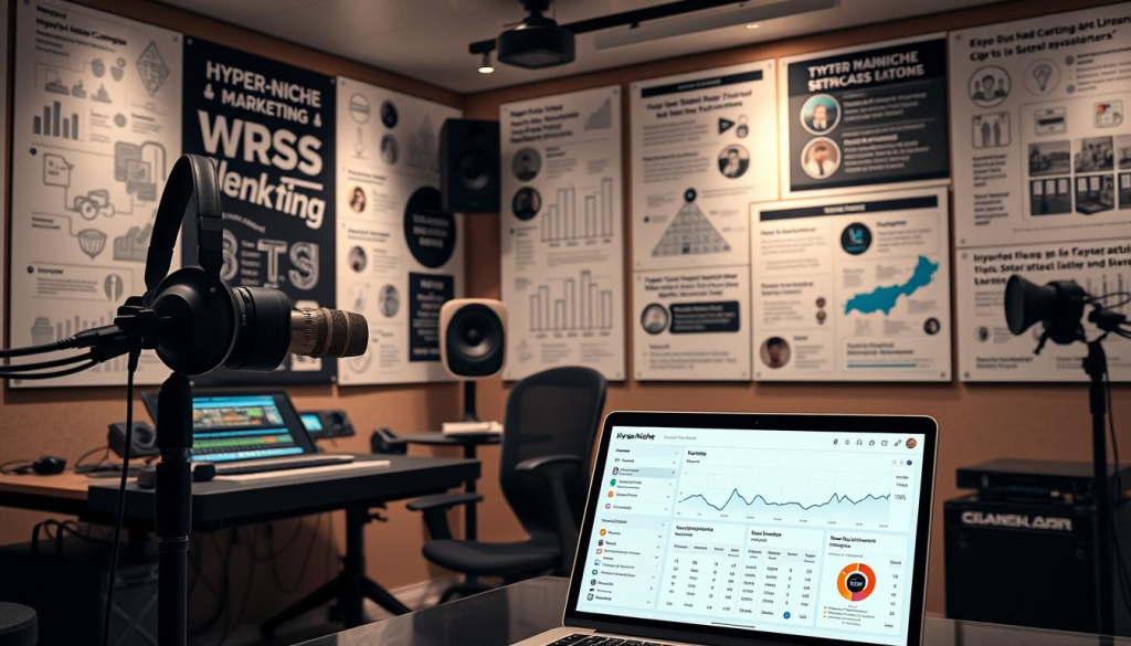 A sleek, modern podcast studio filled with state-of-the-art audio equipment, including a high-quality microphone, headphones, and a mixing console. The walls are adorned with intricately designed infographics and visuals showcasing hyper-niche marketing strategies, such as targeted social media campaigns, email newsletter optimization, and partnerships with complementary influencers. The lighting is soft and indirect, creating a warm, inviting atmosphere. In the foreground, a laptop displays an analytics dashboard with detailed audience metrics and engagement data, highlighting the power of a hyper-focused, super-engaged listener base. The overall scene conveys a sense of professionalism, innovation, and a deep understanding of the unique challenges and opportunities in the hyper-niche podcast landscape.