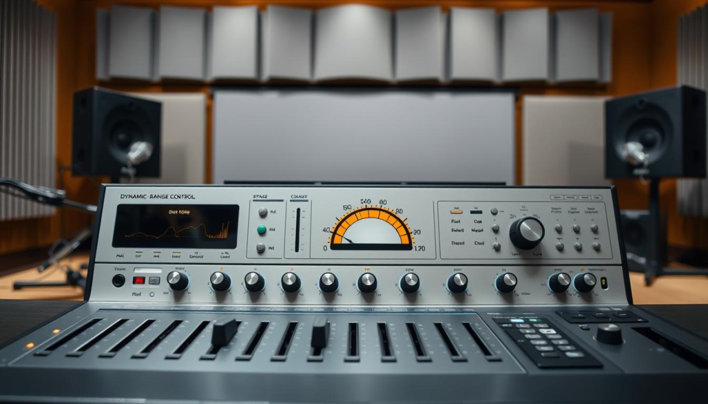A sleek, professional-grade dynamic range control software interface dominates the foreground, featuring intuitive sliders, knobs, and metering displays. The middle ground showcases a clean, minimalist design with a focus on functionality, while the background subtly suggests a recording studio environment, with hints of sound-dampening panels and high-end audio equipment. The overall scene conveys a sense of precision, control, and the technical mastery required to optimize dynamic range for high-quality podcast audio production.