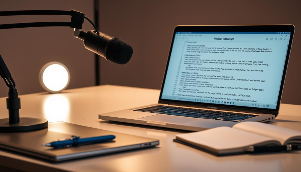 A sleek, professional-looking desk setup with a laptop, a microphone, and a notebook. The laptop's screen displays a transcript with clearly formatted sections and timestamps. Soft, directional lighting illuminates the scene, creating a cozy and focused atmosphere. The background is blurred, drawing attention to the foreground elements. The overall composition suggests an efficient, organized, and thoughtful approach to podcast transcription. A sleek, professional-looking desk setup with a laptop, a microphone, and a notebook. The laptop's screen displays a transcript with clearly formatted sections and timestamps. Soft, directional lighting illuminates the scene, creating a cozy and focused atmosphere. The background is blurred, drawing attention to the foreground elements. The overall composition suggests an efficient, organized, and thoughtful approach to podcast transcription.