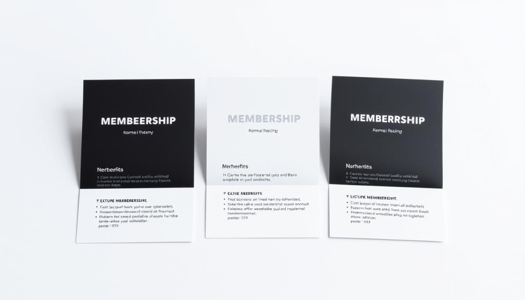 A tiered membership system laid out in a clean, modern design. In the foreground, three distinct membership levels are displayed on sleek, minimalist cards with clear details on the benefits and pricing. The middle ground features a subtle pattern or geometric background, adding visual interest without distracting from the main elements. Soft, even lighting casts a professional, inviting atmosphere, while a slightly high camera angle provides an accessible, aspirational perspective. The overall tone conveys a sense of value, exclusivity, and the potential for deeper listener engagement beyond a basic subscription.