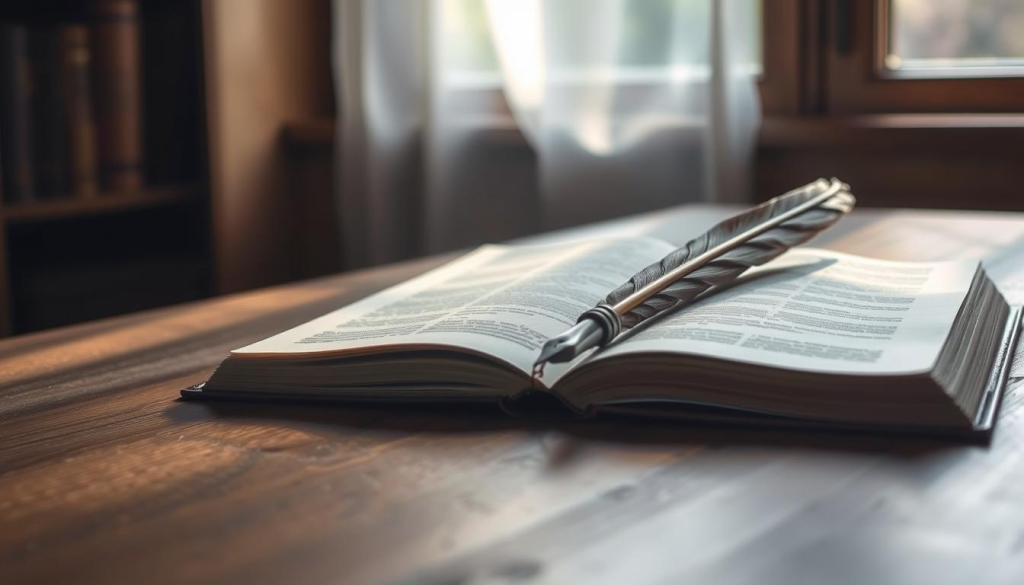 A tranquil study scene with a wooden desk, an open book, and a well-worn quill pen resting on the pages. Soft, diffused lighting filters through a window, casting gentle shadows across the scene. The atmosphere exudes a sense of focused contemplation, inviting the viewer to immerse themselves in the art of crafting compelling narration. The depth of field blurs the background, drawing the eye to the central elements that symbolize the written word and the pacing of storytelling. A serene, introspective mood pervades the image, reflecting the thoughtful process of honing narrative voice and rhythm.