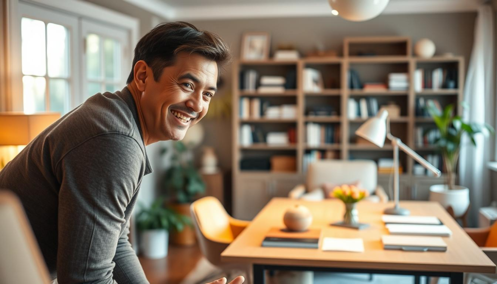 A warm, inviting home office scene. In the foreground, a person leans forward, their expression radiant with genuine interest as they engage in conversation. Warm, soft lighting illuminates their face, conveying an atmosphere of trust and open dialogue. The middle ground features a well-appointed desk, accented with thoughtful decor that suggests a refined yet approachable aesthetic. In the background, bookshelves and a cozy seating area create a sense of intellectual depth and comfort. The overall scene evokes a sense of authentic connection, where curiosity and active listening are the cornerstones of building lasting rapport.