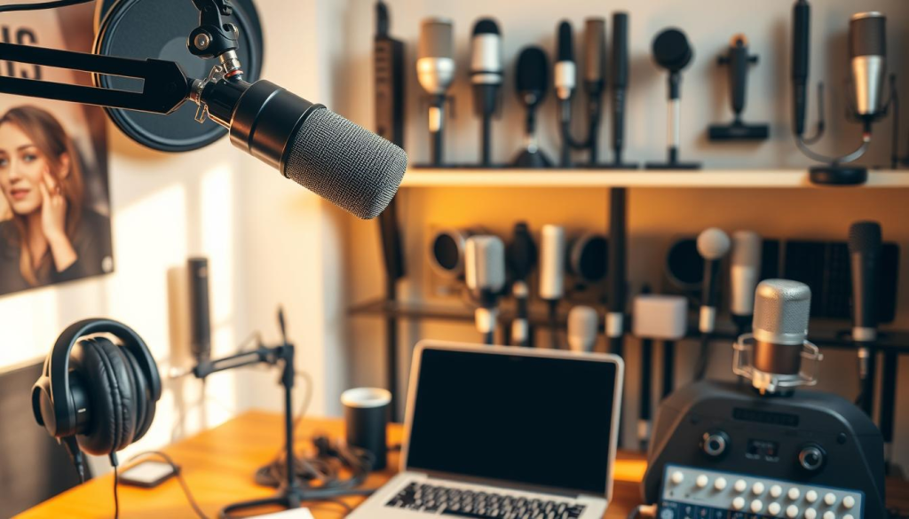 A well-lit studio scene featuring various podcast equipment and formats. In the foreground, a high-quality condenser microphone on a boom arm, with a pop filter and headphones nearby. In the middle ground, a laptop or audio interface, with knobs and sliders for adjusting levels and effects. In the background, a collection of different microphone types, from dynamic to ribbon, arranged neatly on shelves. The lighting is warm and natural, creating a cozy, professional atmosphere. The overall composition emphasizes the range of options and considerations when planning a podcast's format and structure.