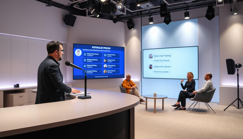 A well-lit studio setting with a modern, minimalist design. In the foreground, a podcaster standing at a sleek desk, microphone in hand, engaged in a lively Q&A session with a virtual audience. The middle ground features a large, interactive display screen showing questions and poll results from remote participants. The background showcases a clean, contemporary backdrop with subtle lighting accents, creating a professional and immersive atmosphere for the interactive podcast experience.