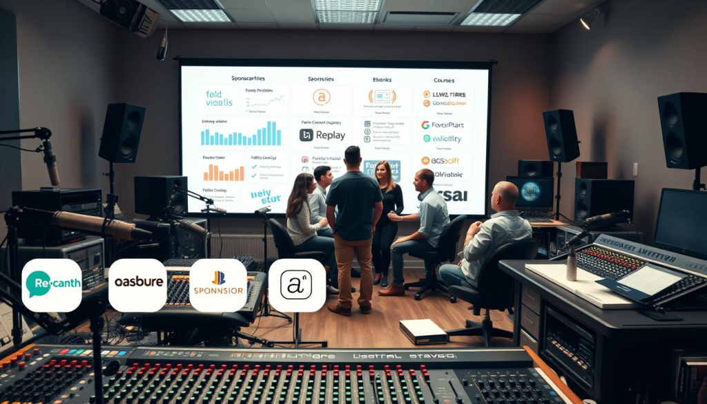 A well-lit studio with an array of podcasting equipment - microphones, mixers, and audio interfaces. In the foreground, a selection of revenue streams are displayed, including sponsorship logos, merchandise, and digital products like ebooks and courses. The middle ground features a diverse group of podcast hosts and guests collaborating on content creation. In the background, a virtual projection showcases listener analytics, subscription tiers, and affiliate marketing integrations. The overall atmosphere conveys a sense of professional, multi-faceted podcast monetization strategies.