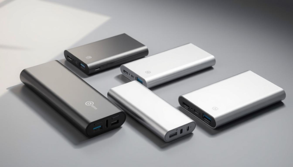 Sleek and compact portable power banks arranged on a minimalist grey backdrop, illuminated by soft directional lighting that accentuates their metallic finishes. The power banks are displayed in a dynamic, asymmetrical composition, showcasing their various ports and connectivity options. The scene conveys a sense of practicality and efficiency, highlighting the power banks' utility for extended recording sessions in the field.