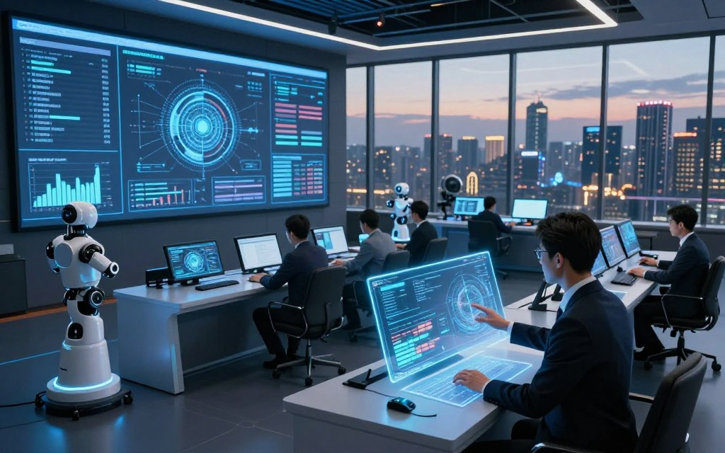 A futuristic AI orchestration platform in a sleek command center, featuring multiple large, high-resolution screens displaying complex data visualizations and graphs. In the foreground, a professional individual in business attire interacts with a holographic interface, analyzing metrics and orchestrating tasks. The middle ground showcases cutting-edge technology: AI-driven robots and automated systems working seamlessly. In the background, a panoramic window reveals a city skyline at dusk, illuminated by soft, ambient lighting, creating a dynamic atmosphere. The scene is well-lit with a cool blue hue to evoke a sense of innovation and efficiency, captured from a slightly elevated angle to emphasize the scope of the technology.